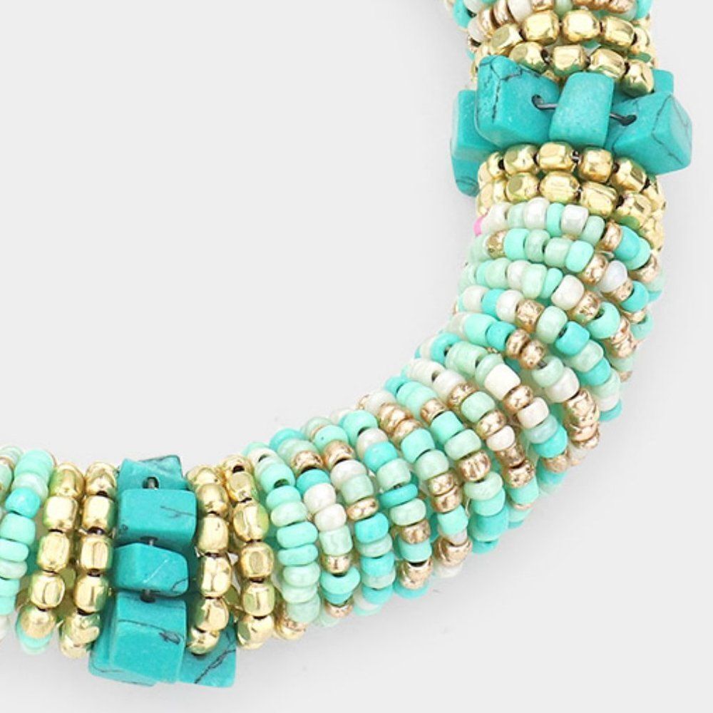 Natural Stone Blue Seed Beaded Stretch Bracelet - Picture 2 of 5
